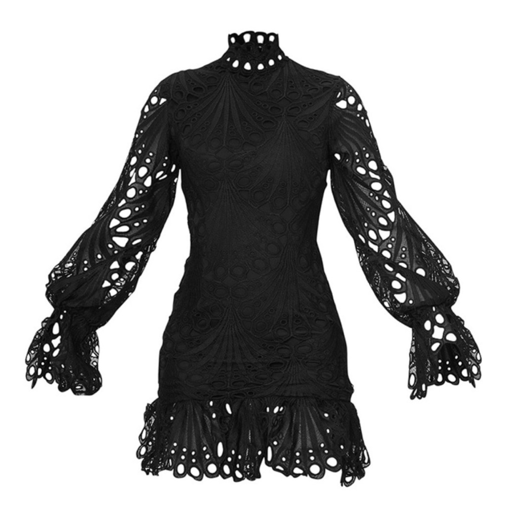 PrettyLittleThing Black High Neck Lace Long Sleeve Frill Bodycon Dress NWT